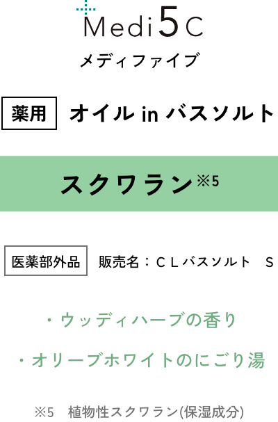 Medi5c メディファイブ 薬用 オイル in バスソルト スクワラン※5 医薬部外品　 販売名：ＣＬバスソルト　S ・ウッディハーブの香り ・オリーブホワイトのにごり湯　※5　植物性スクワラン(保湿成分)